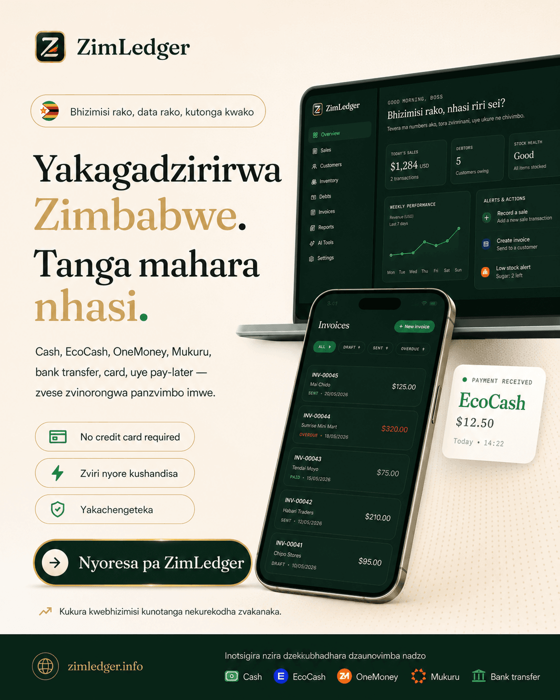 Evidara — Yakagadzirirwa Zimbabwe. Tanga mahara nhasi. Cash, EcoCash, OneMoney, Mukuru, bank transfer, card, uye pay-later — zvese zvinorongwa panzvimbo imwe.